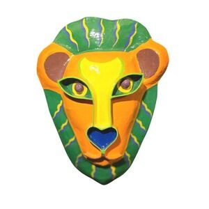 VTG Gina Truex art Papier-mâché colorful wall mask orange green Lion Greece 96